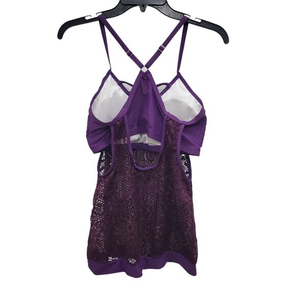 AnnJo Women Purple Plum Crochet Doily Lace Overlay 2-Fer Tankini Swim Tank M - Picture 6 of 7